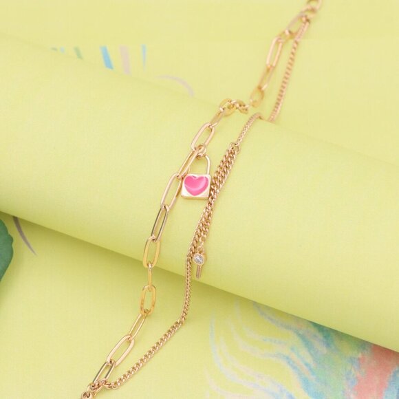 "Dual Layer Rose Gold Bracelet with Heart Lock & Key Charms, XPBL1157 - Picture 4 of 12